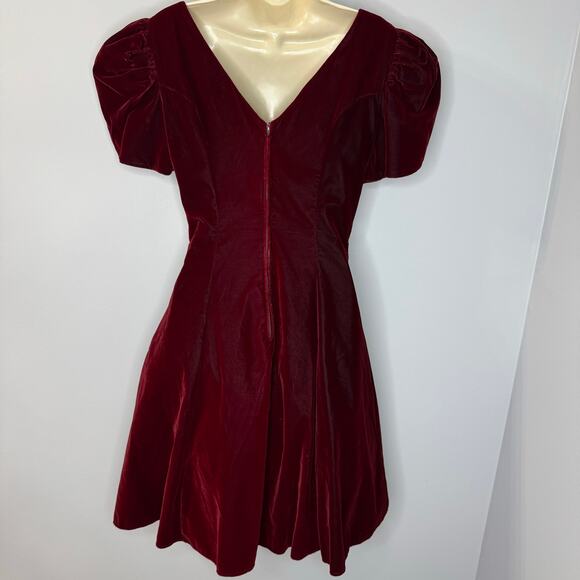 JUMP Vintage Velvet Puff Sleeve V-Neck  Fit & Flare Mini Dress Dark Romantic 7/8 - Picture 9 of 14
